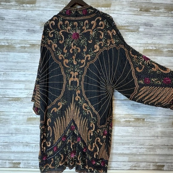 Judith Ann Creations Vintage Beaded Duster Jacket Coat 1980s Silk Designer Art - Picture 3 of 13